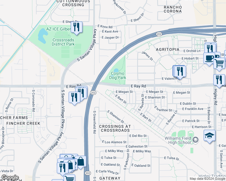 map of restaurants, bars, coffee shops, grocery stores, and more near 2526 East Megan Street in Gilbert