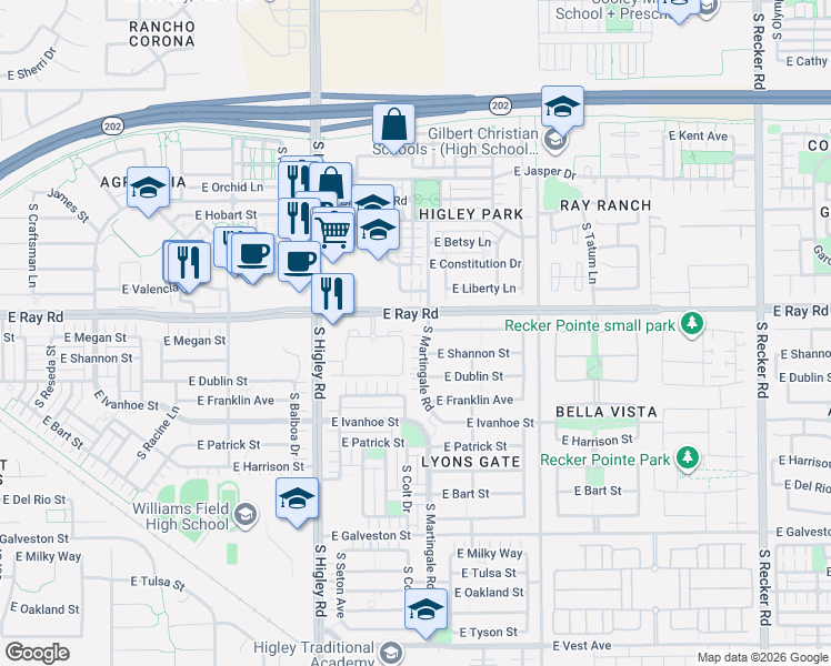 map of restaurants, bars, coffee shops, grocery stores, and more near 1638 South Martingale Road in Gilbert