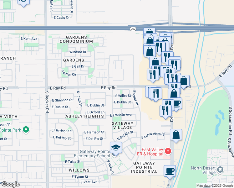map of restaurants, bars, coffee shops, grocery stores, and more near 4449 East Megan Court in Gilbert