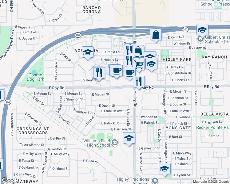 map of restaurants, bars, coffee shops, grocery stores, and more near 3030 South Banning Street in Gilbert