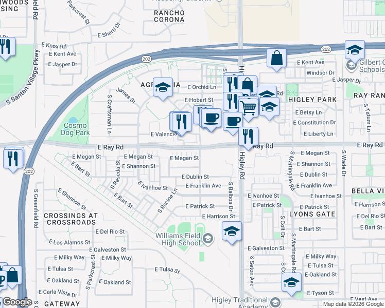 map of restaurants, bars, coffee shops, grocery stores, and more near 3030 South Banning Street in Gilbert