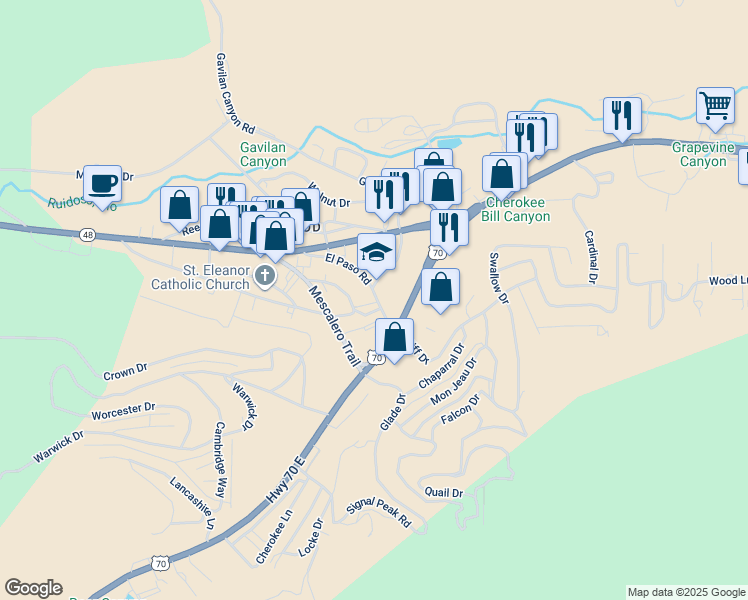 map of restaurants, bars, coffee shops, grocery stores, and more near 198 Nob Hill Drive in Ruidoso