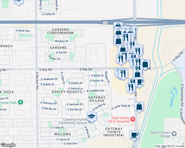 map of restaurants, bars, coffee shops, grocery stores, and more near 4449 East Megan Court in Gilbert