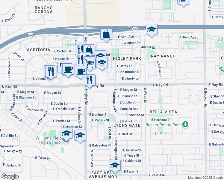 map of restaurants, bars, coffee shops, grocery stores, and more near 1608 South Martingale Road in Gilbert