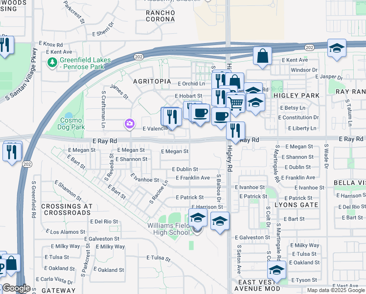 map of restaurants, bars, coffee shops, grocery stores, and more near 3030 South Banning Street in Gilbert