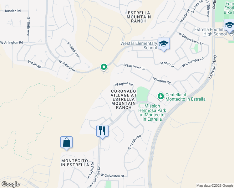 map of restaurants, bars, coffee shops, grocery stores, and more near 17985 West Jojoba Road in Goodyear