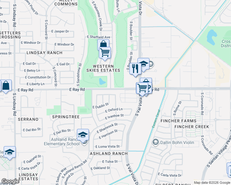 map of restaurants, bars, coffee shops, grocery stores, and more near 1438 East Shannon Street in Gilbert