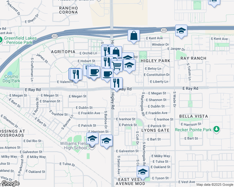 map of restaurants, bars, coffee shops, grocery stores, and more near 1633 South Higley Road in Mesa