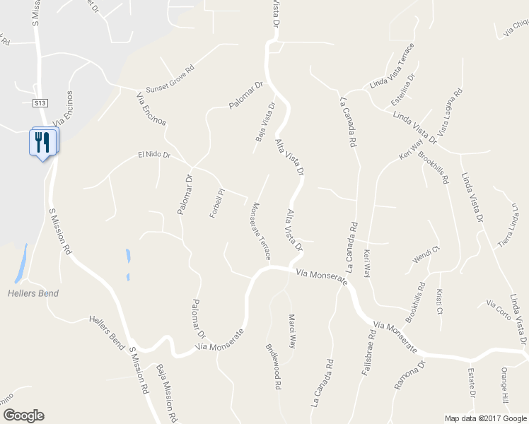 map of restaurants, bars, coffee shops, grocery stores, and more near 3916 Monserate Terrace in Fallbrook