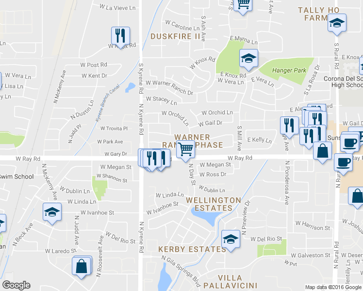 map of restaurants, bars, coffee shops, grocery stores, and more near 5832 West Gary Drive in Chandler