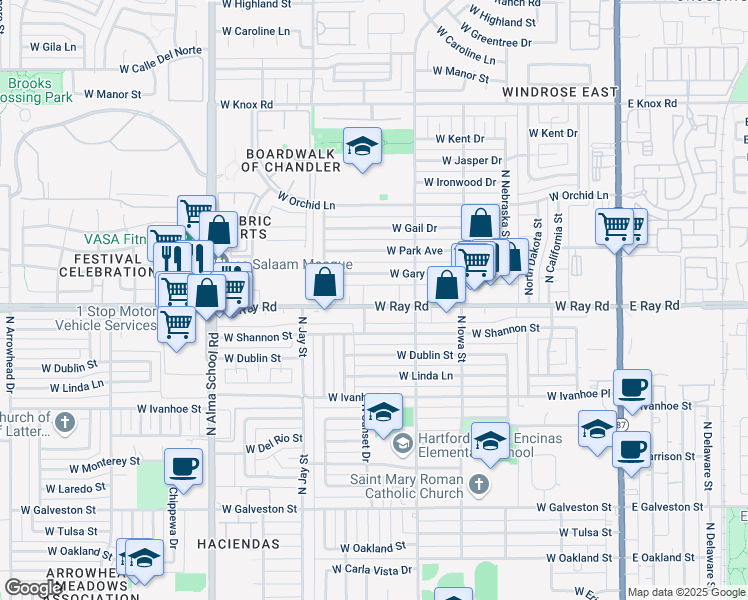 map of restaurants, bars, coffee shops, grocery stores, and more near 32 West Ray Road in Chandler