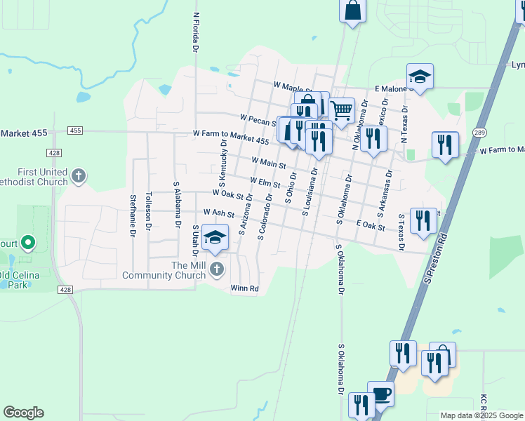 map of restaurants, bars, coffee shops, grocery stores, and more near 410 West Oak Street in Celina