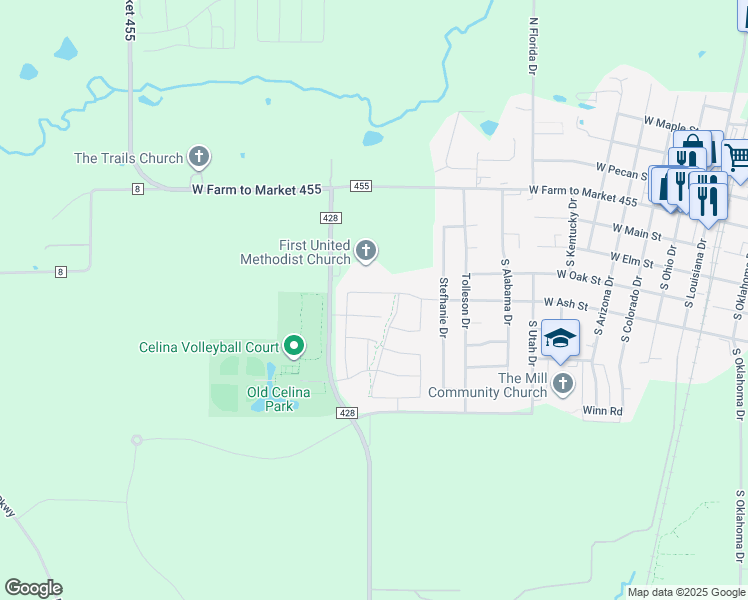 map of restaurants, bars, coffee shops, grocery stores, and more near 1218 West Ash Street in Celina