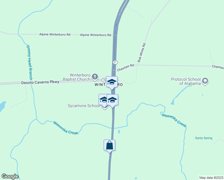 map of restaurants, bars, coffee shops, grocery stores, and more near 22601 Alabama 21 in Alpine