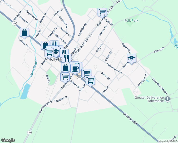 map of restaurants, bars, coffee shops, grocery stores, and more near 724 Peake Street in Holly Hill