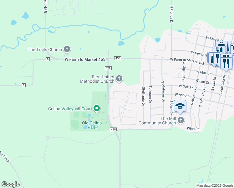map of restaurants, bars, coffee shops, grocery stores, and more near 1218 West Ash Street in Celina