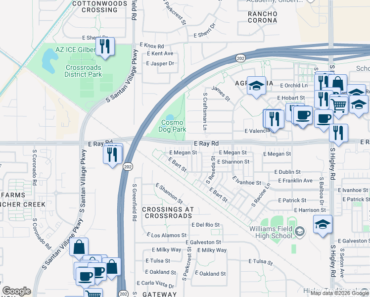 map of restaurants, bars, coffee shops, grocery stores, and more near 2602 East Megan Street in Gilbert