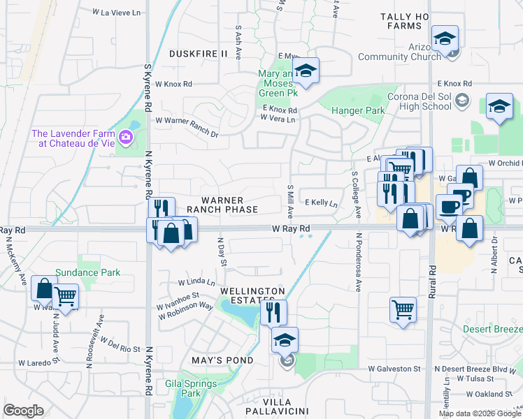 map of restaurants, bars, coffee shops, grocery stores, and more near 5642 West Gary Drive in Chandler