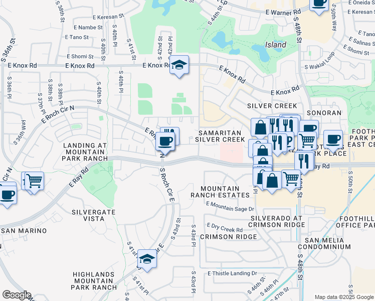 map of restaurants, bars, coffee shops, grocery stores, and more near 4350 East Ray Road in Phoenix