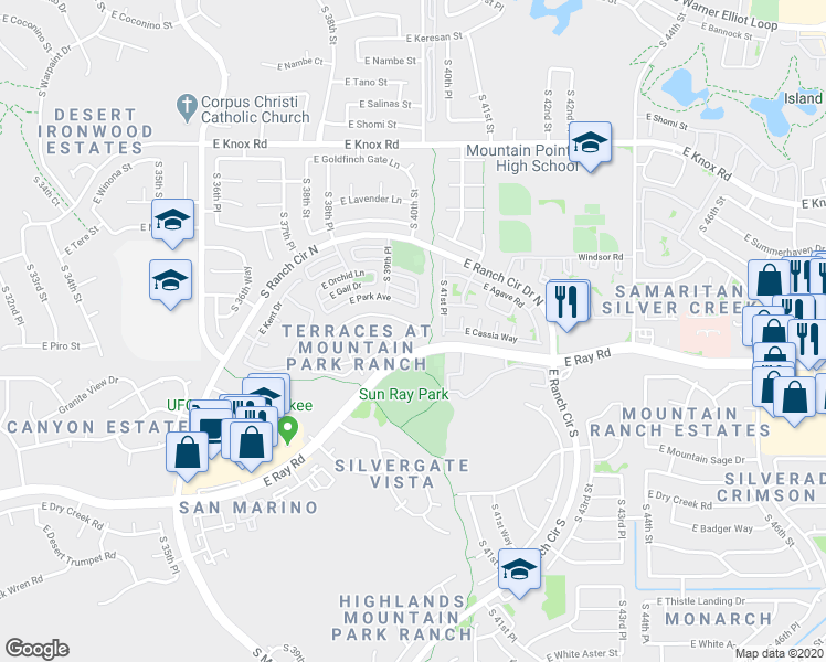 map of restaurants, bars, coffee shops, grocery stores, and more near 4105 E Cassia Way in Phoenix