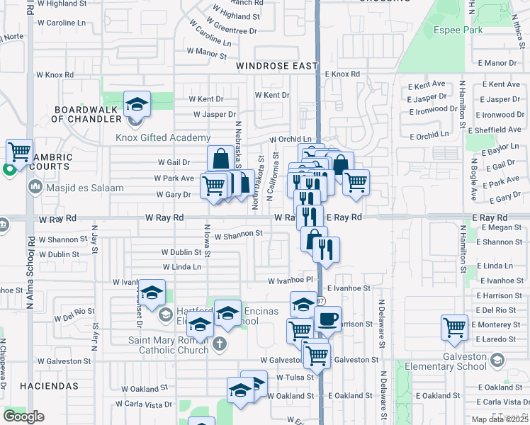 map of restaurants, bars, coffee shops, grocery stores, and more near 100 West Ray Road in Chandler