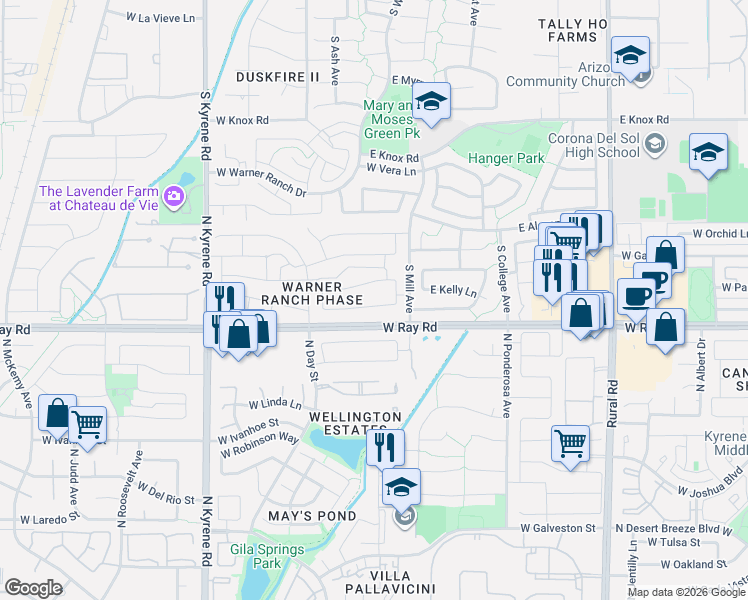 map of restaurants, bars, coffee shops, grocery stores, and more near 5642 West Gary Drive in Chandler