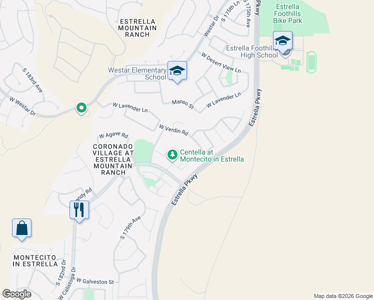 map of restaurants, bars, coffee shops, grocery stores, and more near 13620 South 177th Avenue in Goodyear