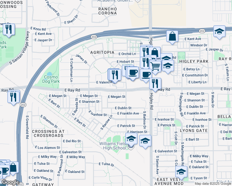 map of restaurants, bars, coffee shops, grocery stores, and more near 2978 East Megan Street in Gilbert