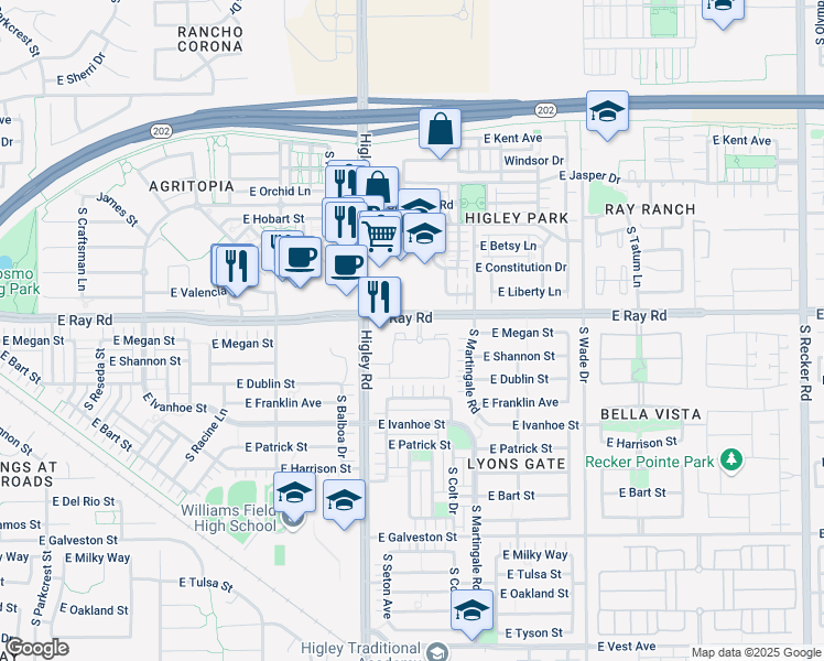 map of restaurants, bars, coffee shops, grocery stores, and more near 3301 East Ray Road in Gilbert