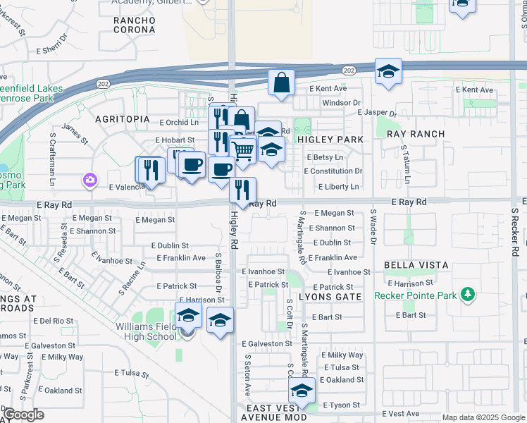 map of restaurants, bars, coffee shops, grocery stores, and more near 1633 South Higley Road in Mesa