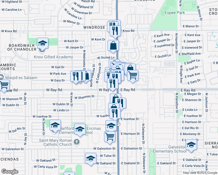 map of restaurants, bars, coffee shops, grocery stores, and more near 1004 Arizona 87 in Chandler