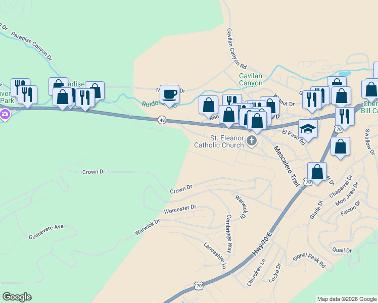 map of restaurants, bars, coffee shops, grocery stores, and more near 299 Dipaolo Dr in Ruidoso