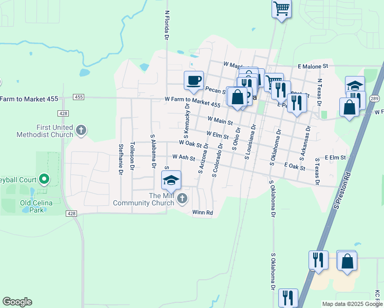 map of restaurants, bars, coffee shops, grocery stores, and more near 513 West Ash Street in Celina