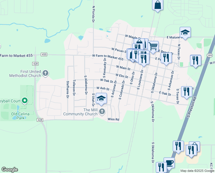 map of restaurants, bars, coffee shops, grocery stores, and more near 513 West Ash Street in Celina