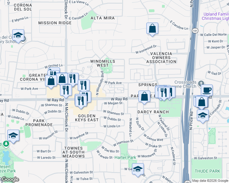 map of restaurants, bars, coffee shops, grocery stores, and more near 3600 West Ray Road in Chandler