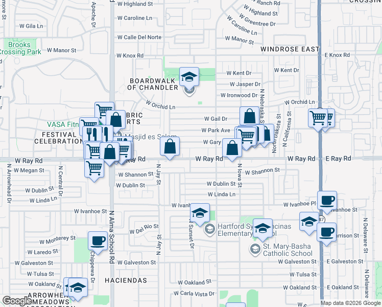 map of restaurants, bars, coffee shops, grocery stores, and more near 32 West Ray Road in Chandler