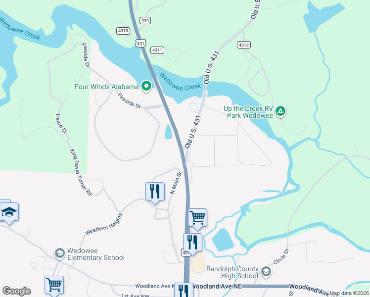 map of restaurants, bars, coffee shops, grocery stores, and more near Old U.S. 431 in Wedowee