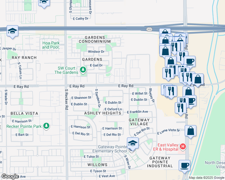 map of restaurants, bars, coffee shops, grocery stores, and more near 4266 East Megan Court in Gilbert