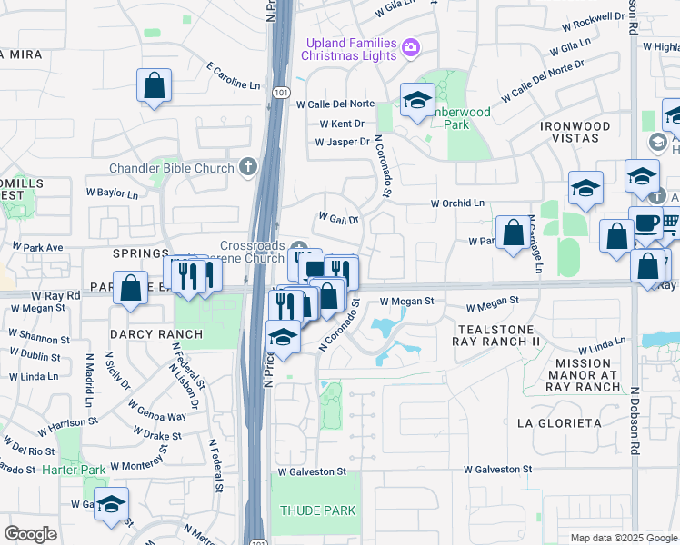 map of restaurants, bars, coffee shops, grocery stores, and more near 2900 West Ray Road in Chandler