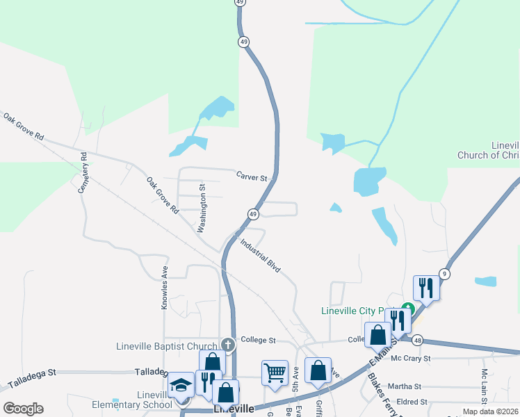 map of restaurants, bars, coffee shops, grocery stores, and more near 61154 Alabama 49 in Lineville