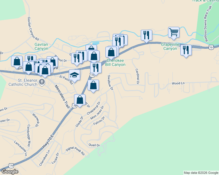 map of restaurants, bars, coffee shops, grocery stores, and more near 104-198 Swallow Dr in Ruidoso