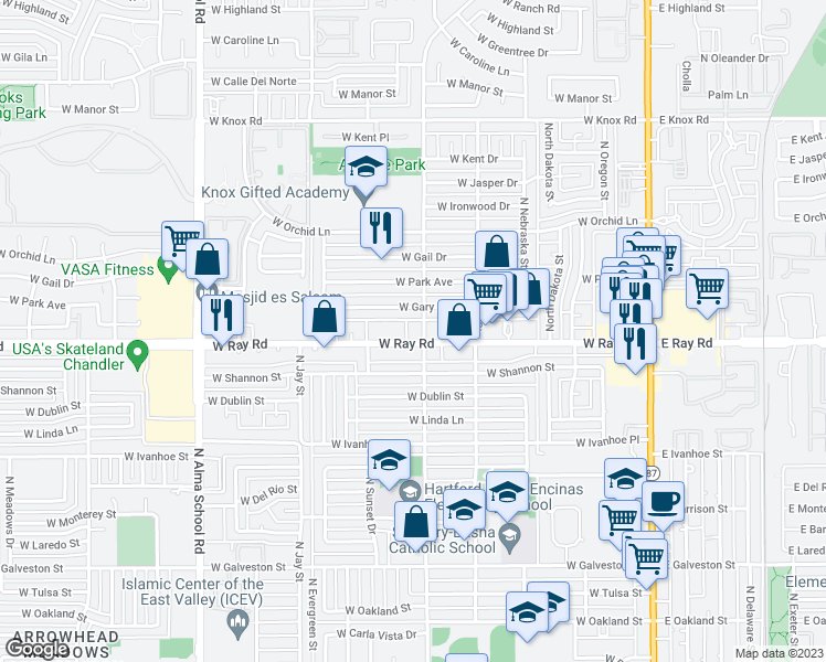 map of restaurants, bars, coffee shops, grocery stores, and more near 600 West Ray Road in Chandler