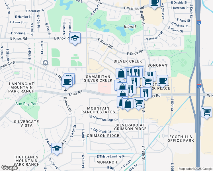 map of restaurants, bars, coffee shops, grocery stores, and more near 4530 East Ray Road in Phoenix