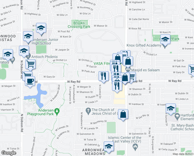 map of restaurants, bars, coffee shops, grocery stores, and more near 1022 North Henry Drive in Chandler