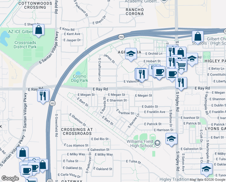 map of restaurants, bars, coffee shops, grocery stores, and more near 2768 East Megan Street in Gilbert
