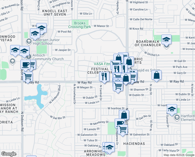 map of restaurants, bars, coffee shops, grocery stores, and more near 1022 North Henry Drive in Chandler