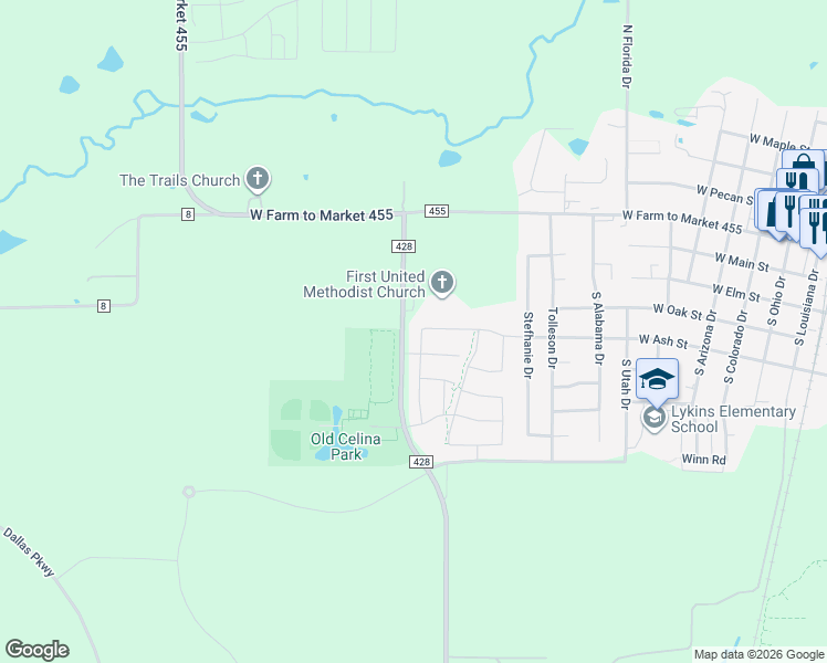 map of restaurants, bars, coffee shops, grocery stores, and more near 405 Yellowstone Drive in Celina