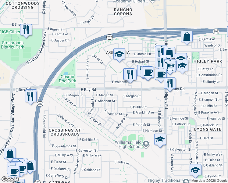 map of restaurants, bars, coffee shops, grocery stores, and more near 2840 East Megan Street in Gilbert
