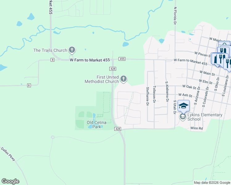 map of restaurants, bars, coffee shops, grocery stores, and more near 405 Yellowstone Drive in Celina