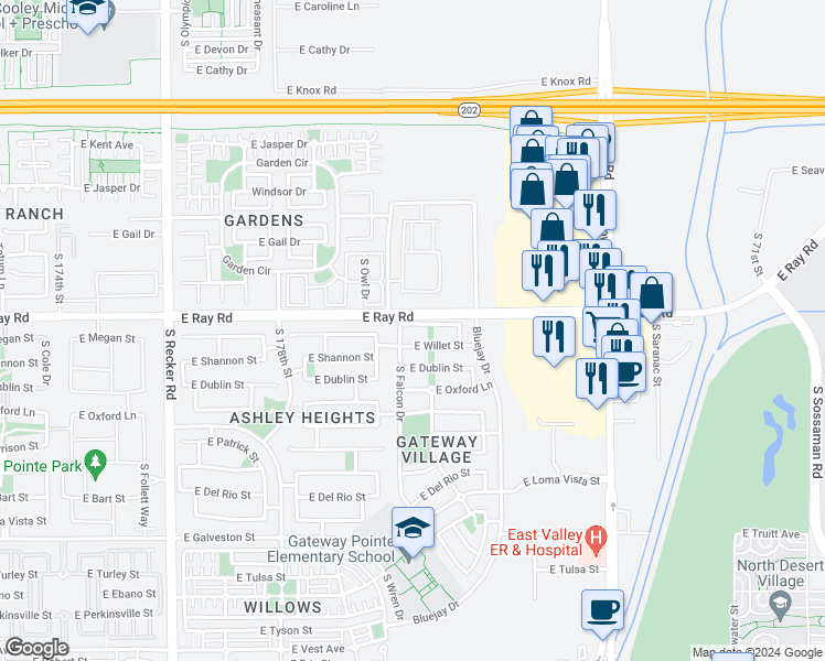 map of restaurants, bars, coffee shops, grocery stores, and more near 4449 East Megan Court in Gilbert